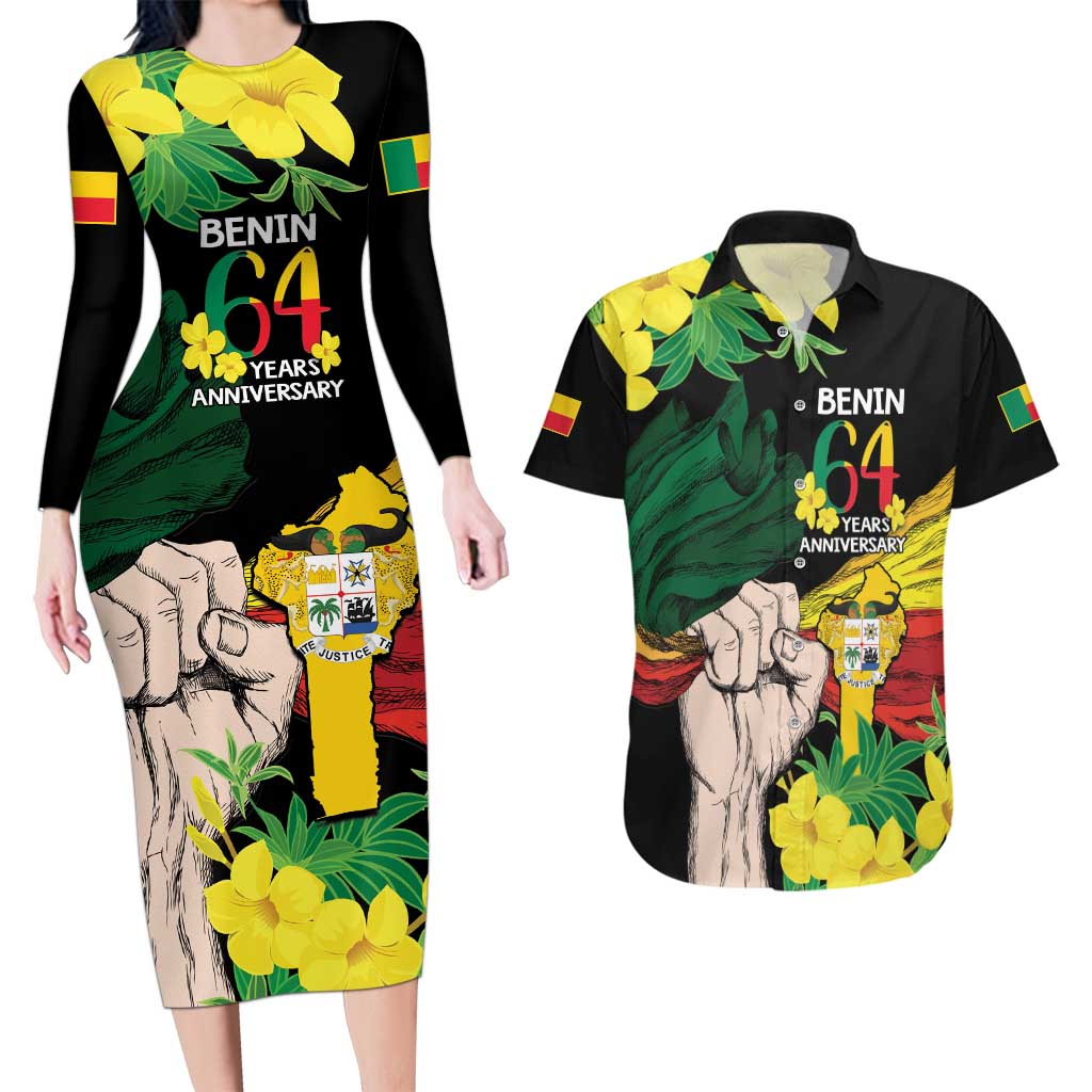 Benin National Day Couples Matching Long Sleeve Bodycon Dress and Hawaiian Shirt Happy 64th Independence Anniversary Yellow Allamanda - Wonder Print Shop