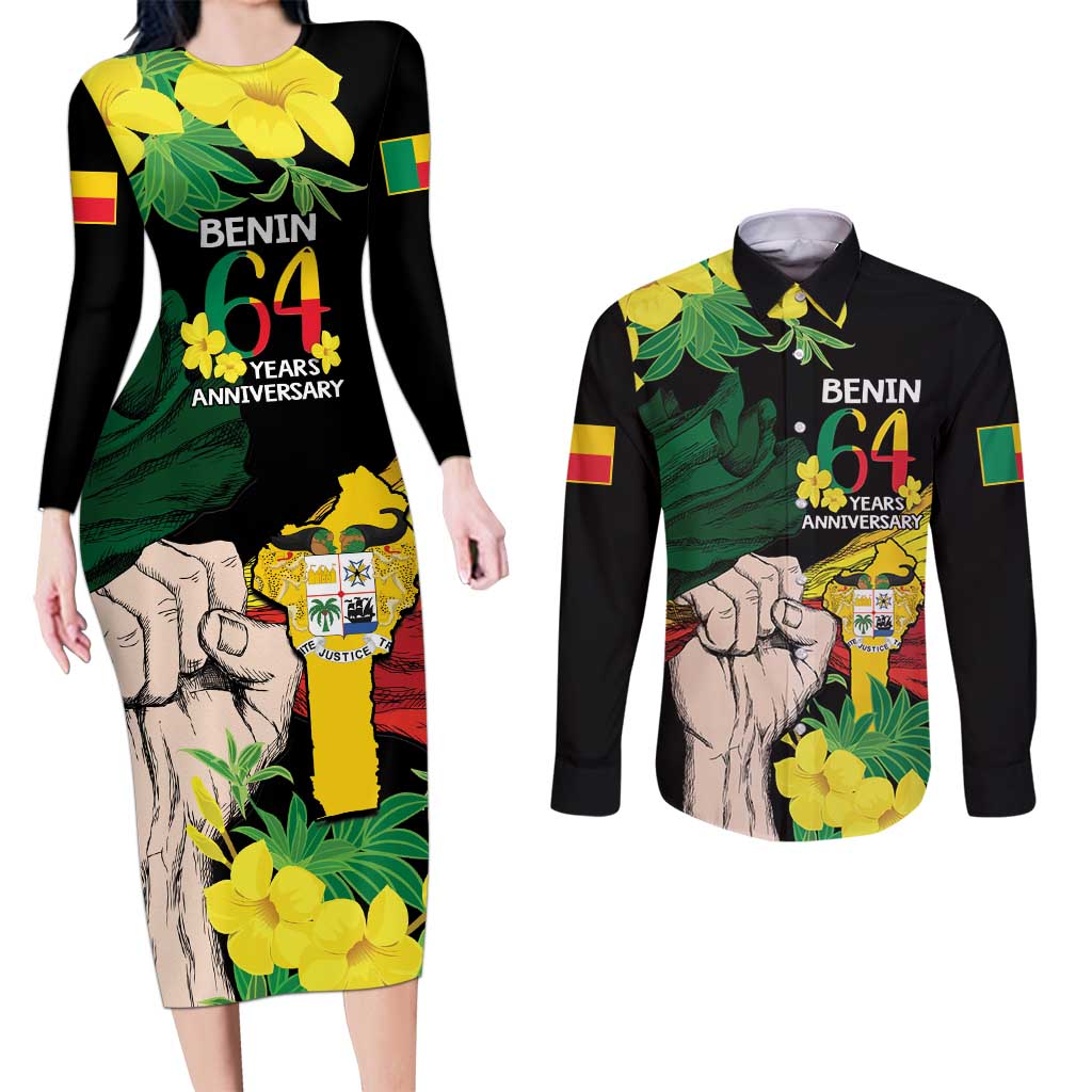 Benin National Day Couples Matching Long Sleeve Bodycon Dress and Long Sleeve Button Shirt Happy 64th Independence Anniversary Yellow Allamanda - Wonder Print Shop