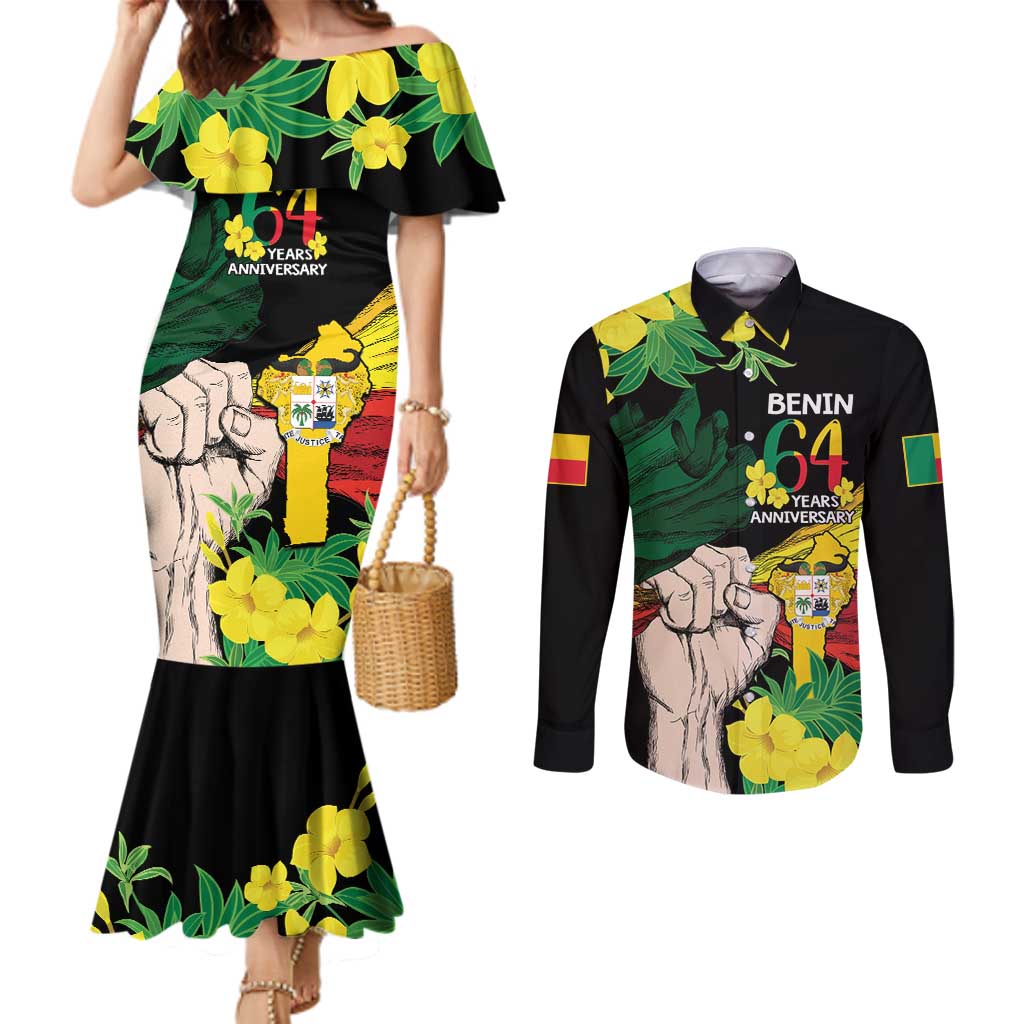 Benin National Day Couples Matching Mermaid Dress and Long Sleeve Button Shirt Happy 64th Independence Anniversary Yellow Allamanda