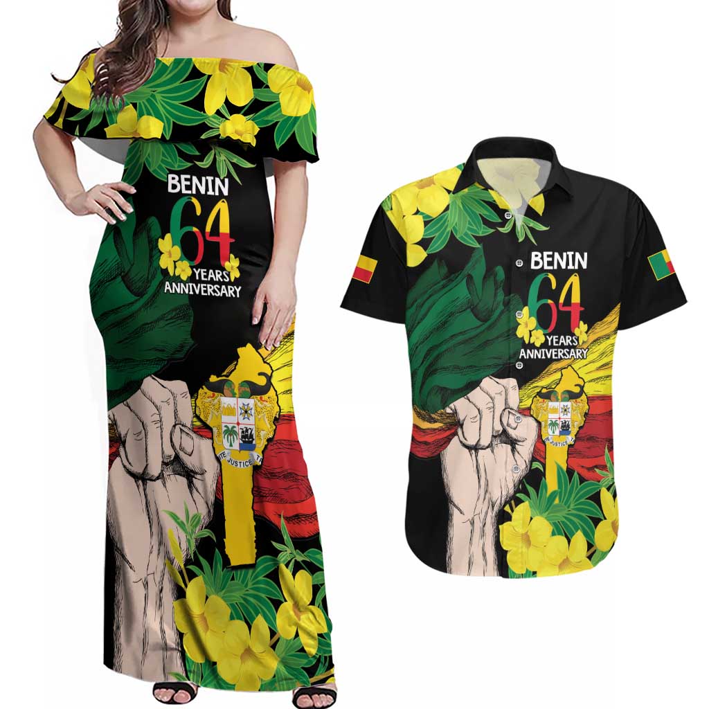 Benin National Day Couples Matching Off Shoulder Maxi Dress and Hawaiian Shirt Happy 64th Independence Anniversary Yellow Allamanda - Wonder Print Shop