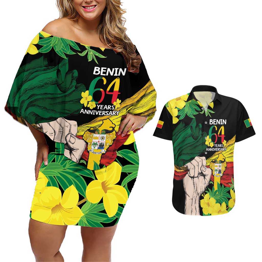 Benin National Day Couples Matching Off Shoulder Short Dress and Hawaiian Shirt Happy 64th Independence Anniversary Yellow Allamanda - Wonder Print Shop