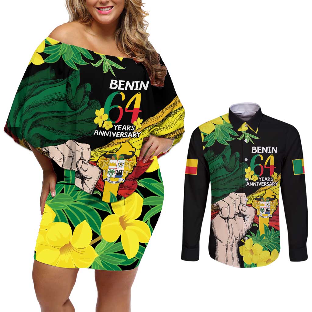 Benin National Day Couples Matching Off Shoulder Short Dress and Long Sleeve Button Shirt Happy 64th Independence Anniversary Yellow Allamanda - Wonder Print Shop