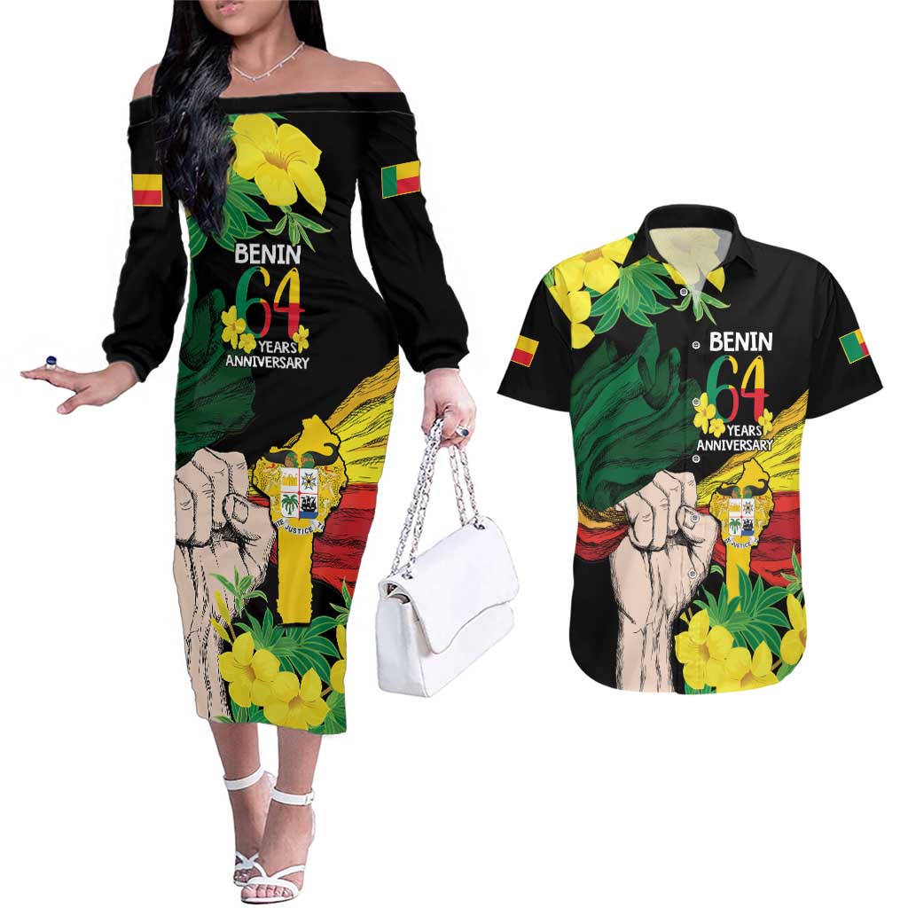 Benin National Day Couples Matching Off The Shoulder Long Sleeve Dress and Hawaiian Shirt Happy 64th Independence Anniversary Yellow Allamanda - Wonder Print Shop