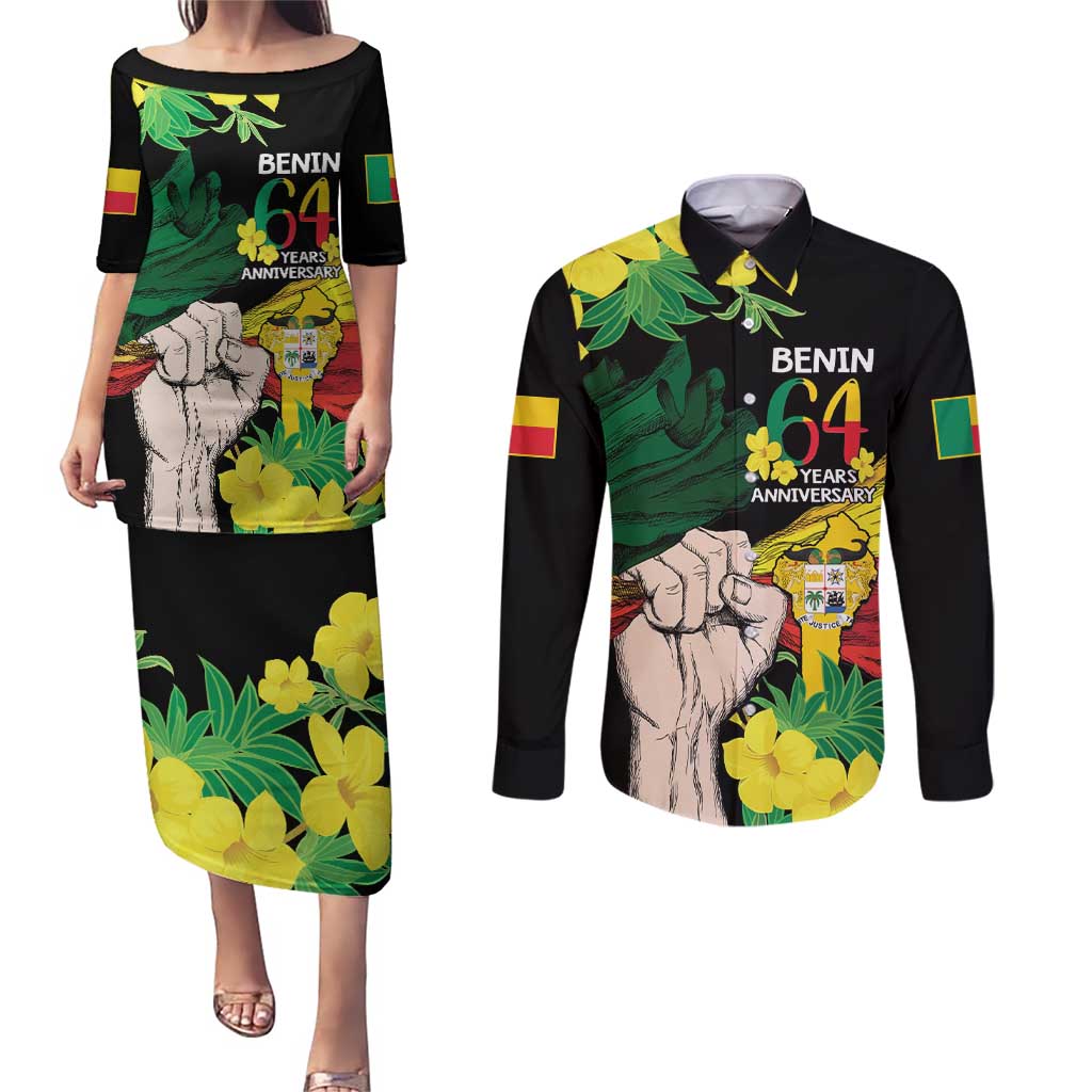 Benin National Day Couples Matching Puletasi and Long Sleeve Button Shirt Happy 64th Independence Anniversary Yellow Allamanda - Wonder Print Shop