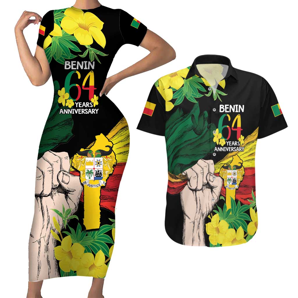 Benin National Day Couples Matching Short Sleeve Bodycon Dress and Hawaiian Shirt Happy 64th Independence Anniversary Yellow Allamanda - Wonder Print Shop