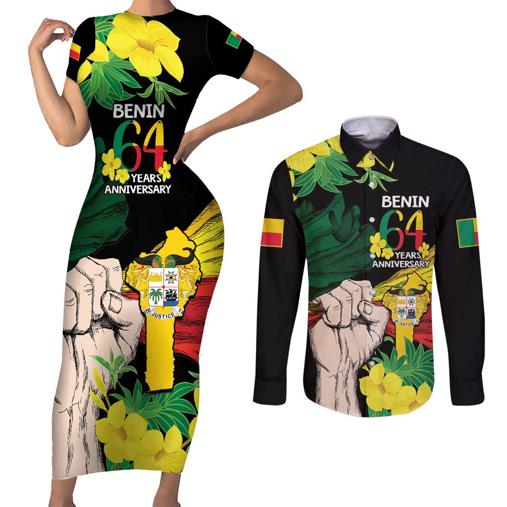 Benin National Day Couples Matching Short Sleeve Bodycon Dress and Long Sleeve Button Shirt Happy 64th Independence Anniversary Yellow Allamanda - Wonder Print Shop