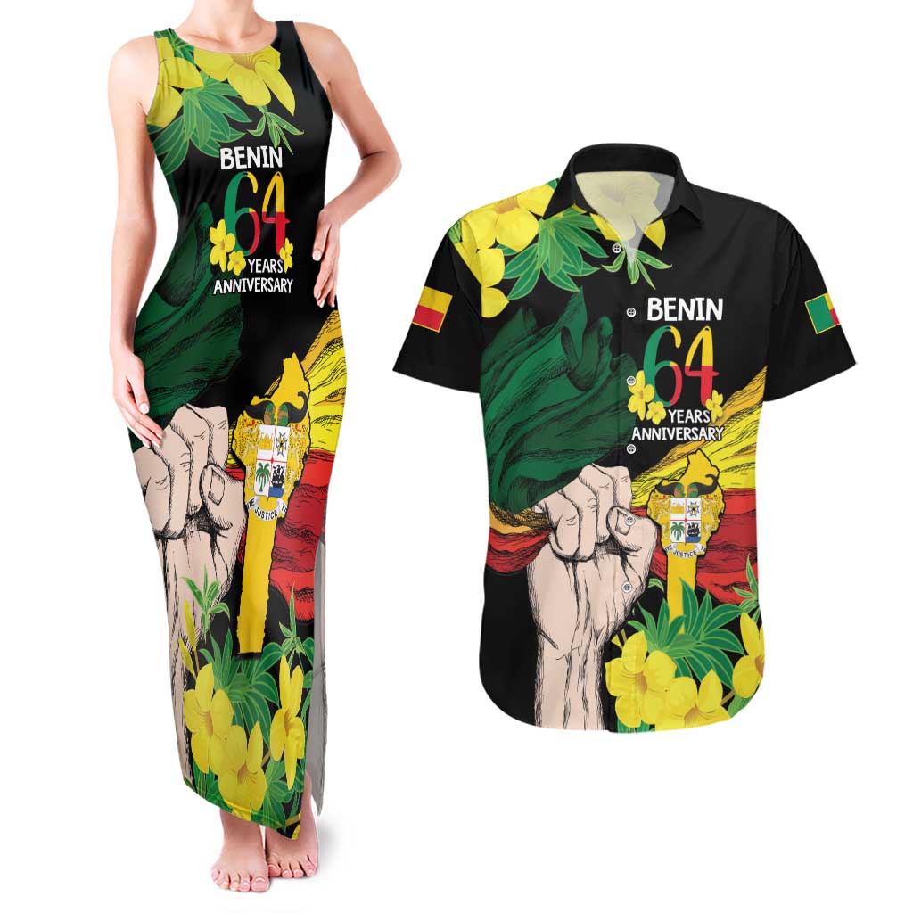 Benin National Day Couples Matching Tank Maxi Dress and Hawaiian Shirt Happy 64th Independence Anniversary Yellow Allamanda - Wonder Print Shop