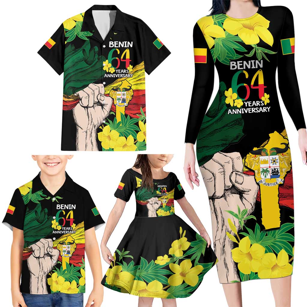 Benin National Day Family Matching Long Sleeve Bodycon Dress and Hawaiian Shirt Happy 64th Independence Anniversary Yellow Allamanda - Wonder Print Shop