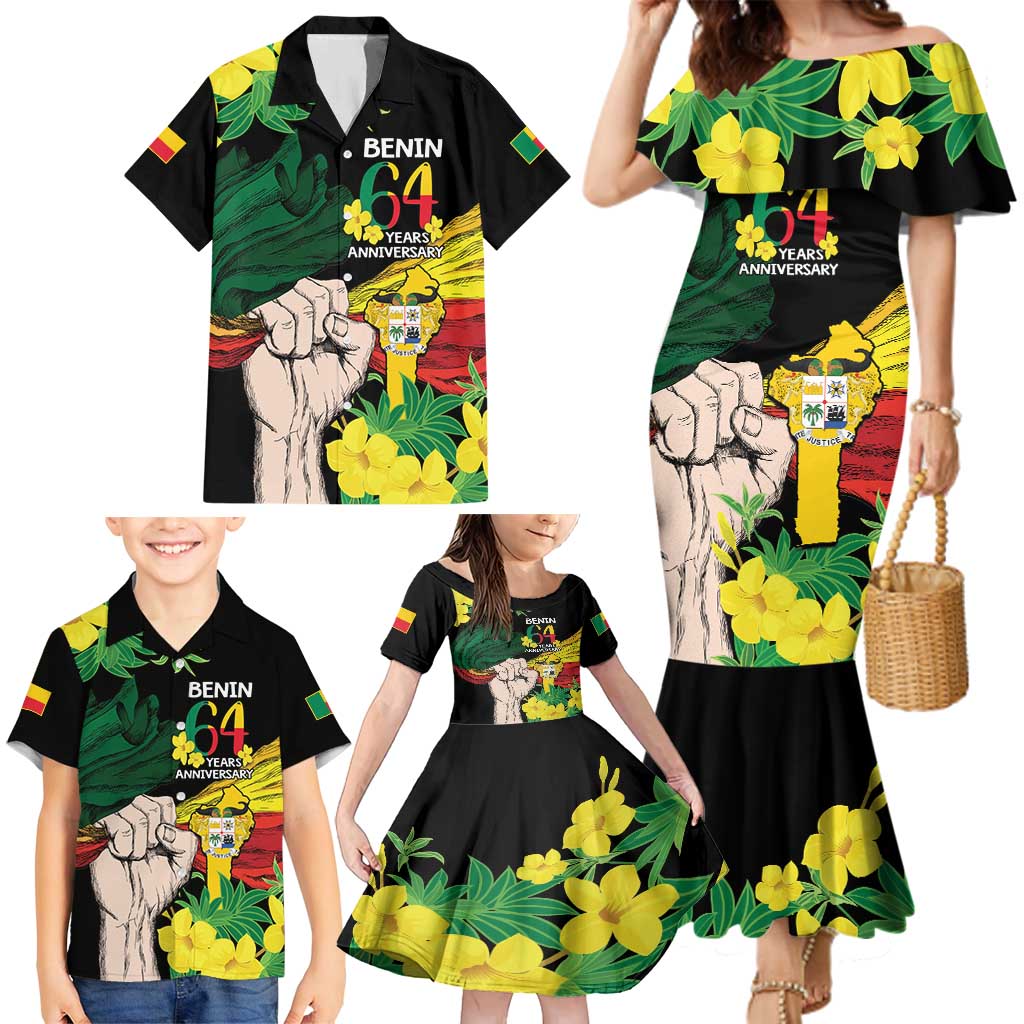 Benin National Day Family Matching Mermaid Dress and Hawaiian Shirt Happy 64th Independence Anniversary Yellow Allamanda - Wonder Print Shop