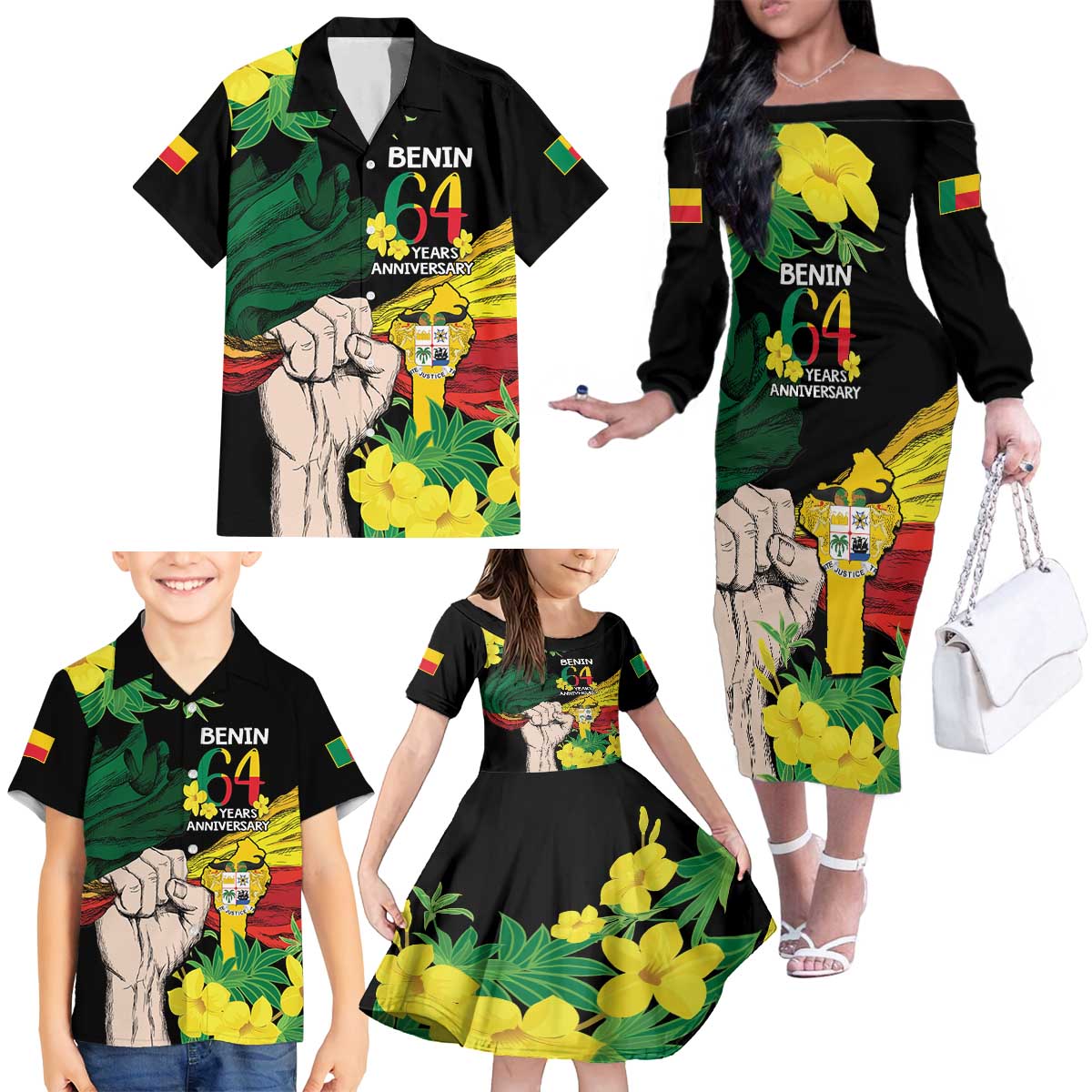 Benin National Day Family Matching Off The Shoulder Long Sleeve Dress and Hawaiian Shirt Happy 64th Independence Anniversary Yellow Allamanda - Wonder Print Shop