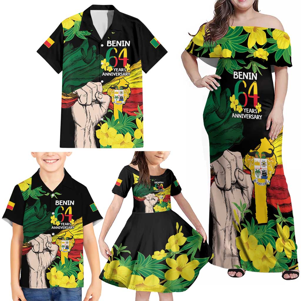 Benin National Day Family Matching Off Shoulder Maxi Dress and Hawaiian Shirt Happy 64th Independence Anniversary Yellow Allamanda - Wonder Print Shop