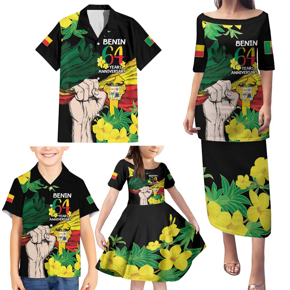 Benin National Day Family Matching Puletasi and Hawaiian Shirt Happy 64th Independence Anniversary Yellow Allamanda - Wonder Print Shop