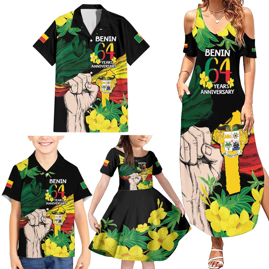 Benin National Day Family Matching Summer Maxi Dress and Hawaiian Shirt Happy 64th Independence Anniversary Yellow Allamanda - Wonder Print Shop