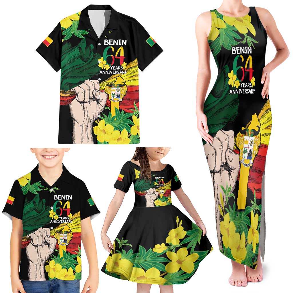 Benin National Day Family Matching Tank Maxi Dress and Hawaiian Shirt Happy 64th Independence Anniversary Yellow Allamanda - Wonder Print Shop