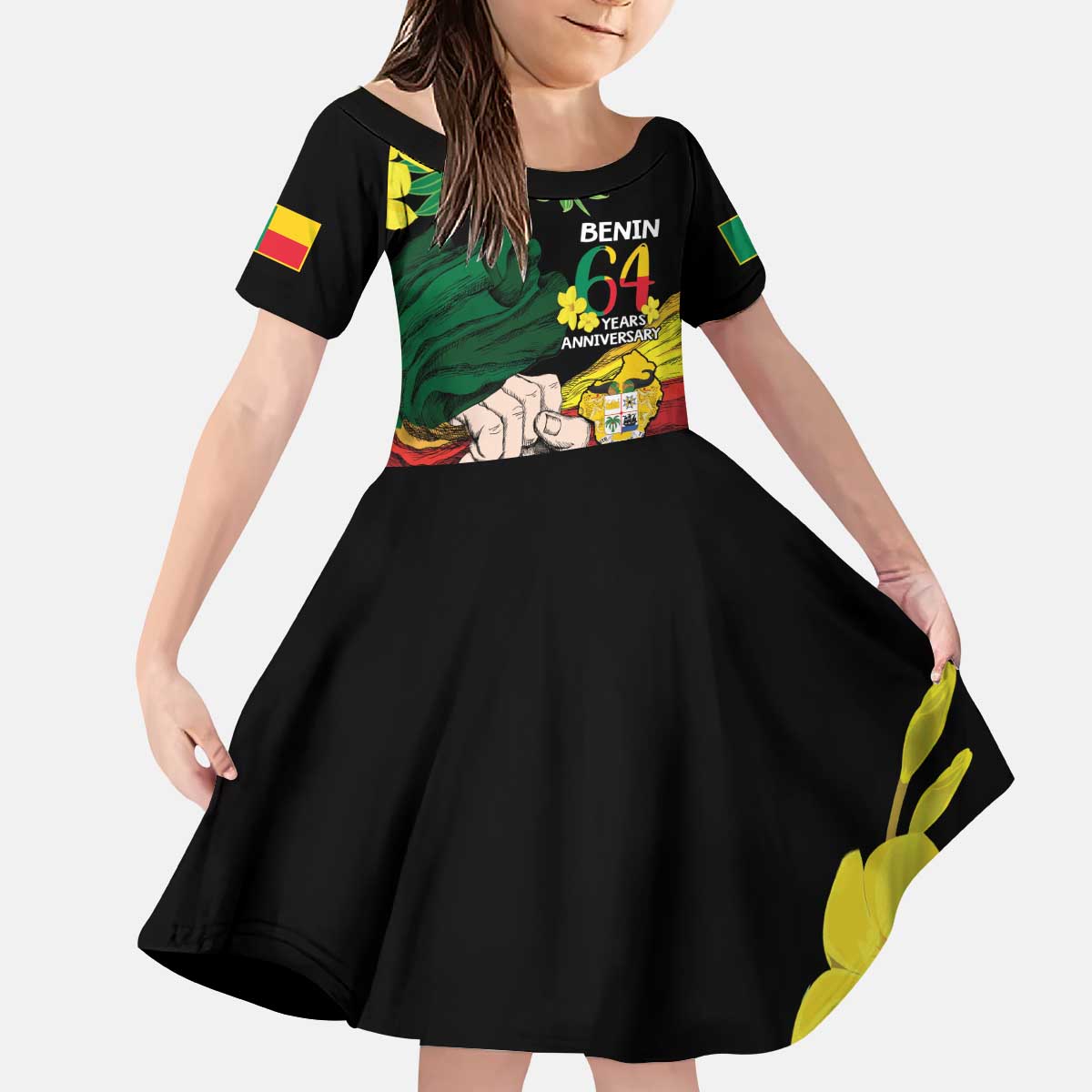 Benin National Day Kid Short Sleeve Dress Happy 64th Independence Anniversary Yellow Allamanda - Wonder Print Shop