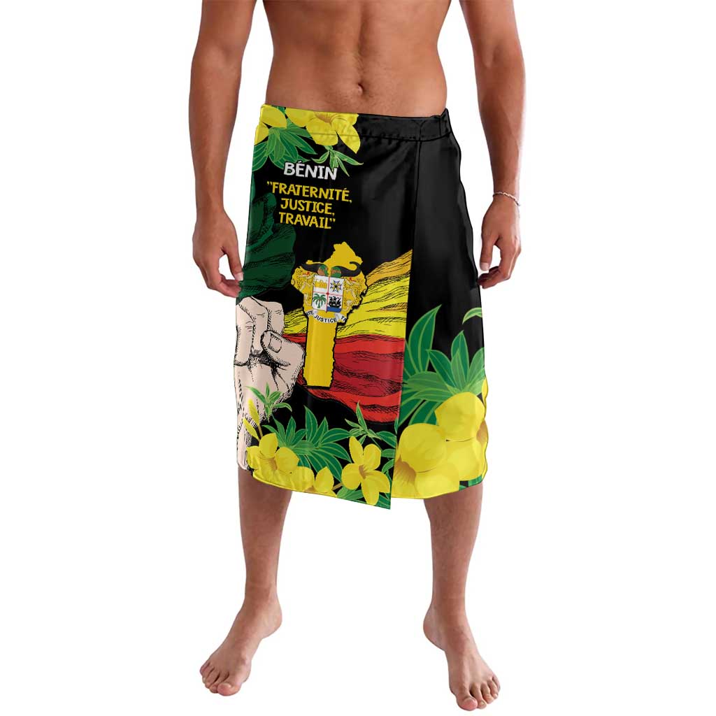 Black elastic-waist printed shorts with yellow flowers, green leaves, and Benin text