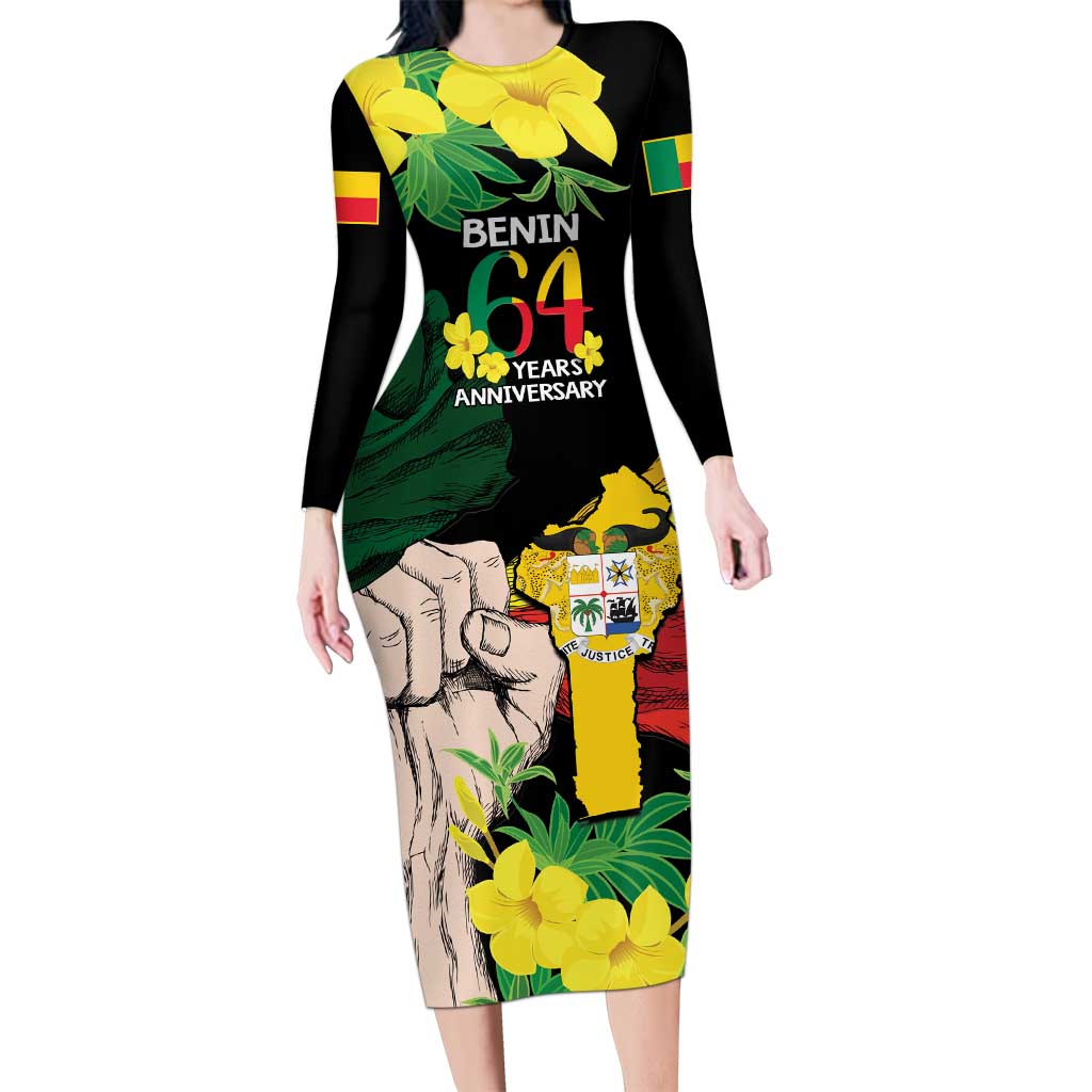 Benin National Day Long Sleeve Bodycon Dress Happy 64th Independence Anniversary Yellow Allamanda - Wonder Print Shop