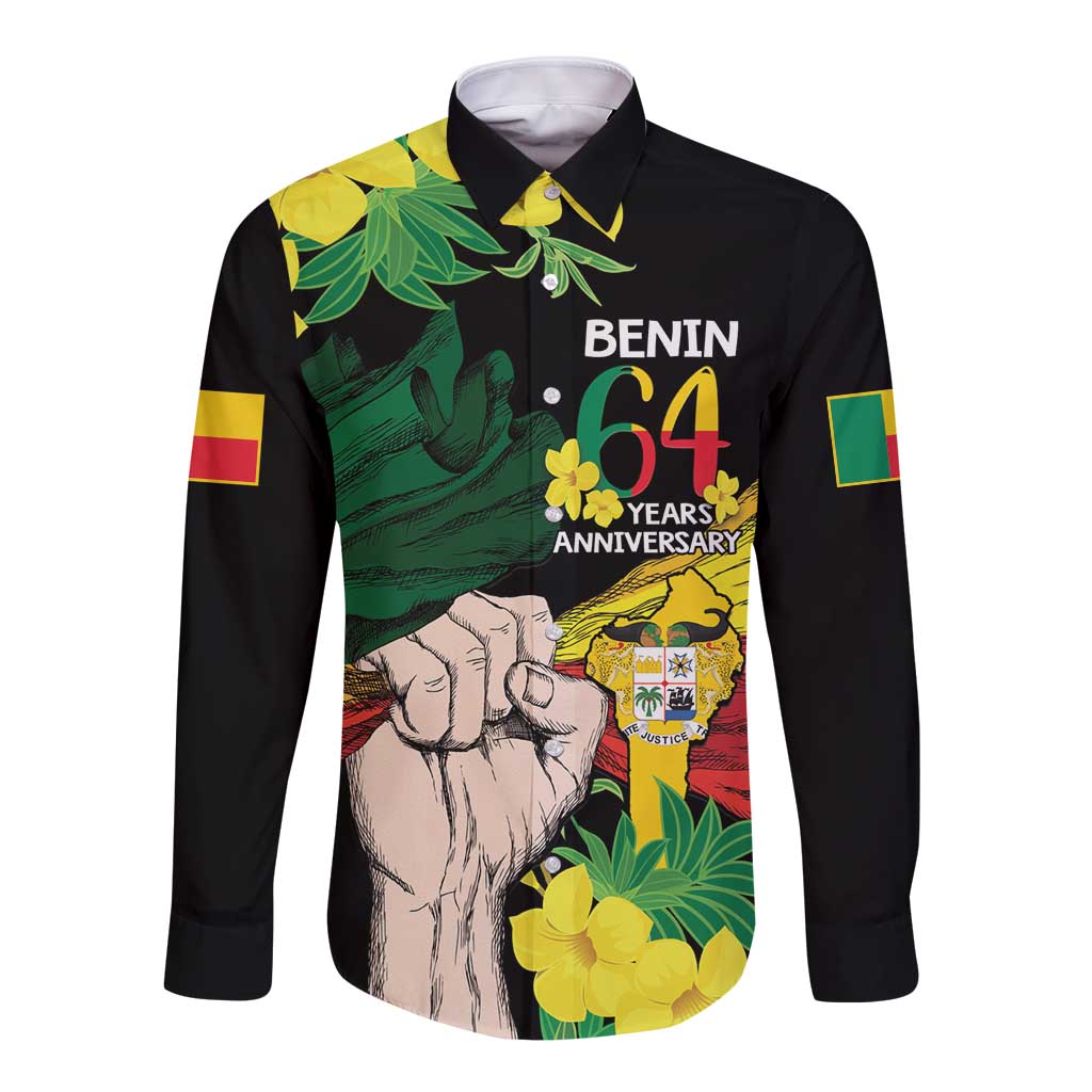 Benin National Day Long Sleeve Button Shirt Happy 64th Independence Anniversary Yellow Allamanda - Wonder Print Shop