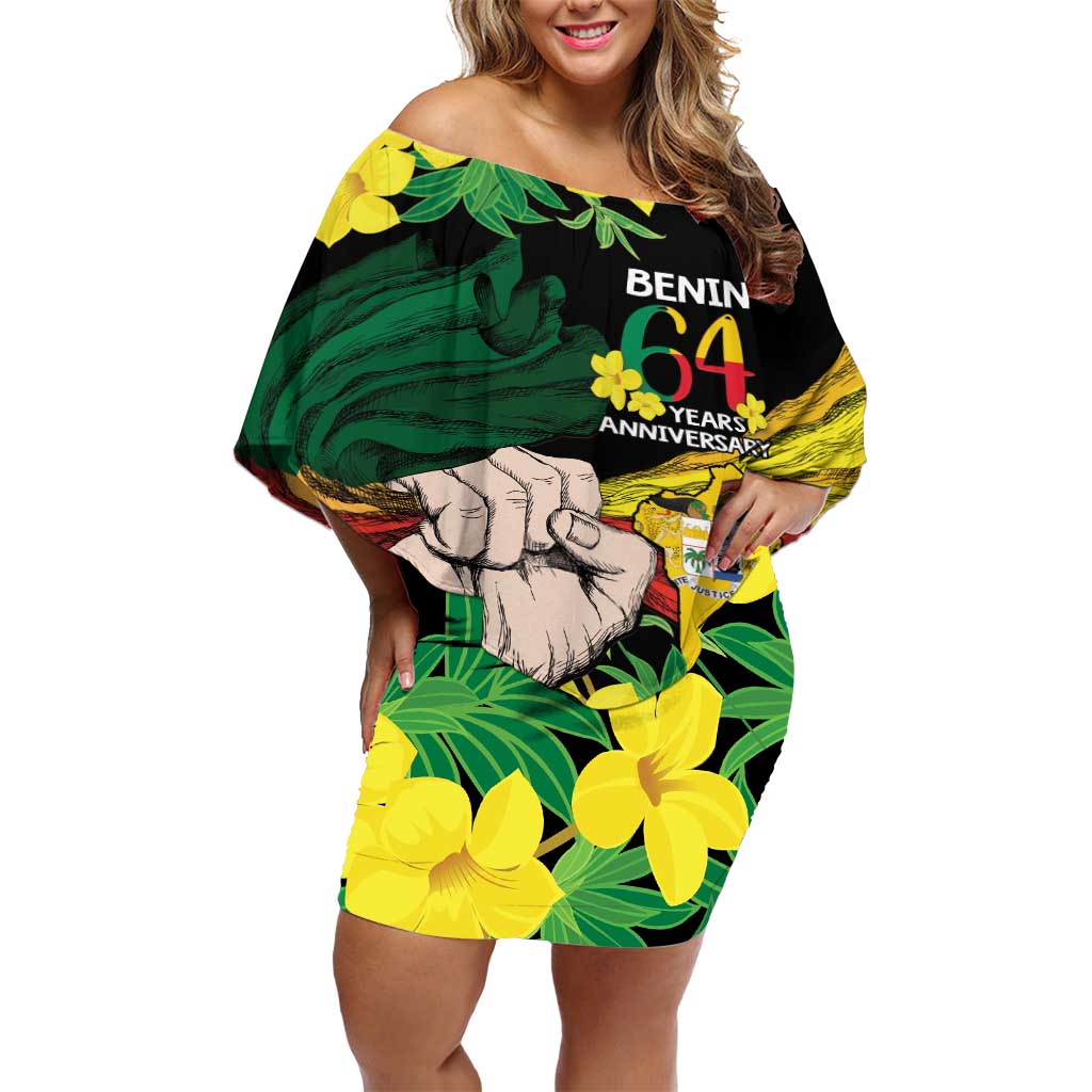 Benin National Day Off Shoulder Short Dress Happy 64th Independence Anniversary Yellow Allamanda - Wonder Print Shop