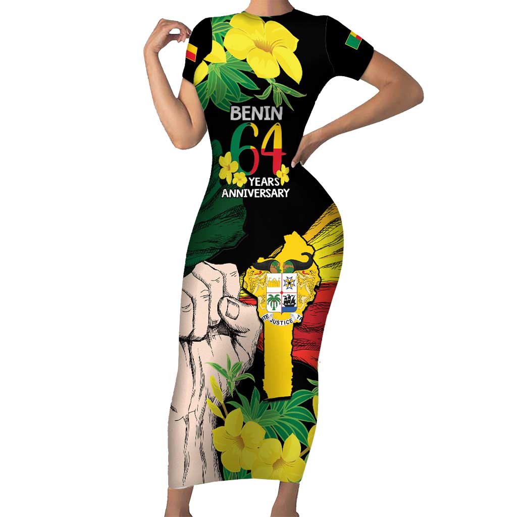 Benin National Day Short Sleeve Bodycon Dress Happy 64th Independence Anniversary Yellow Allamanda - Wonder Print Shop