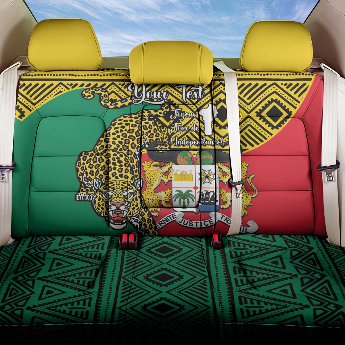 Personalised Benin National Day Back Car Seat Cover Coat Of Arms With Leopard African Pattern - Wonder Print Shop