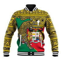 Yellow baseball jacket with black trim, Benin coat of arms and leopard print front
