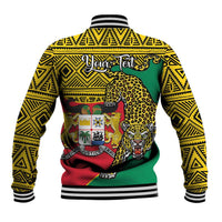 Yellow baseball jacket with black trim, leopard and crest artwork on back