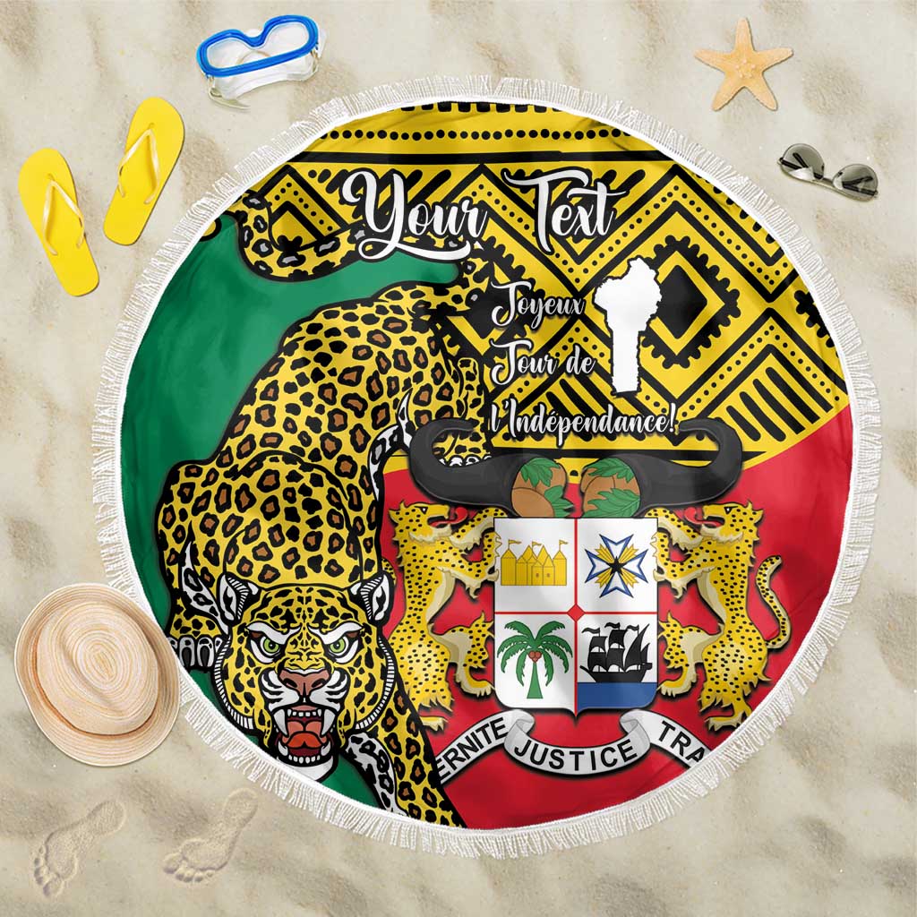 Round beach blanket coat with fringe, leopard pattern and Benin coat of arms design