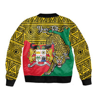 Yellow unisex bomber jacket with leopard print and Benin coat of arms back