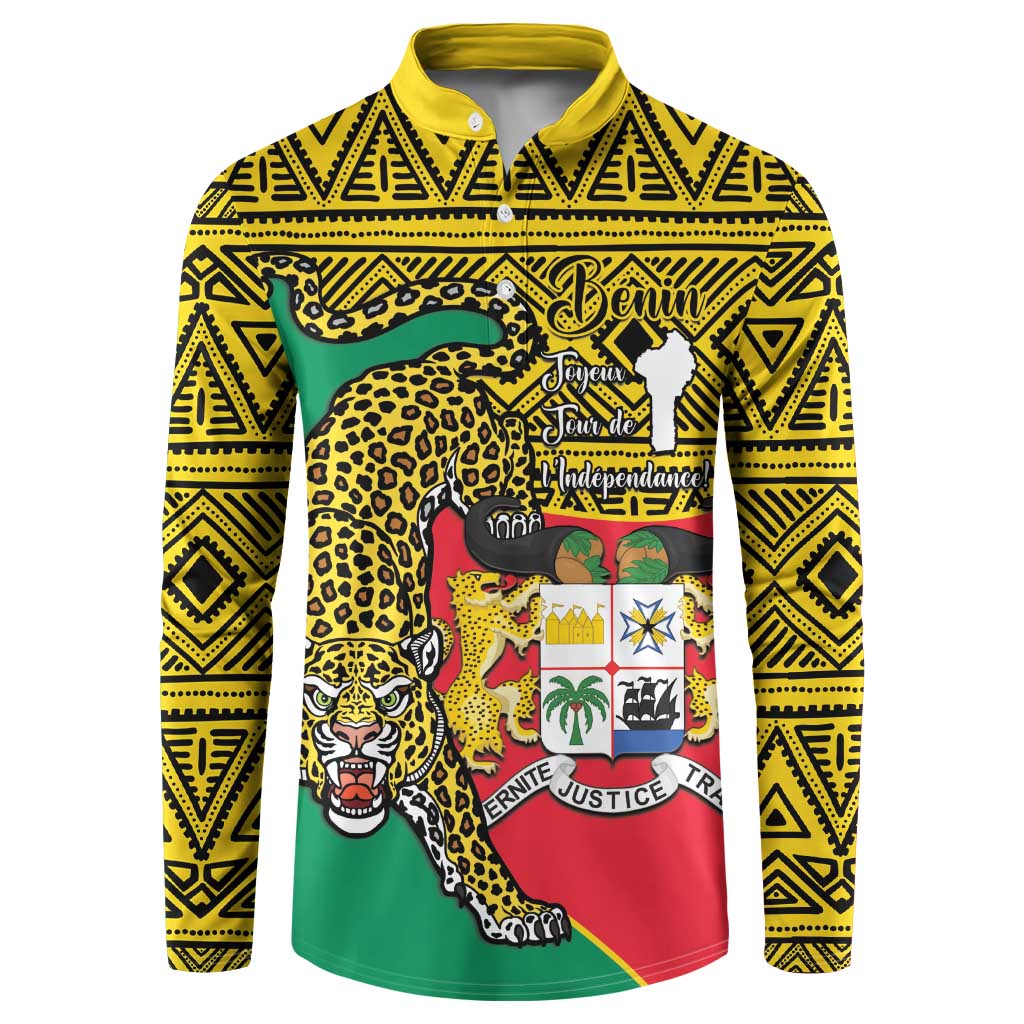 Yellow long-sleeve sweatshirt with collar and button placket; Benin coat of arms with leopard print