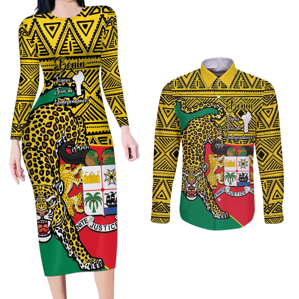 Personalised Benin National Day Couples Matching Long Sleeve Bodycon Dress and Long Sleeve Button Shirt Coat Of Arms With Leopard African Pattern - Wonder Print Shop