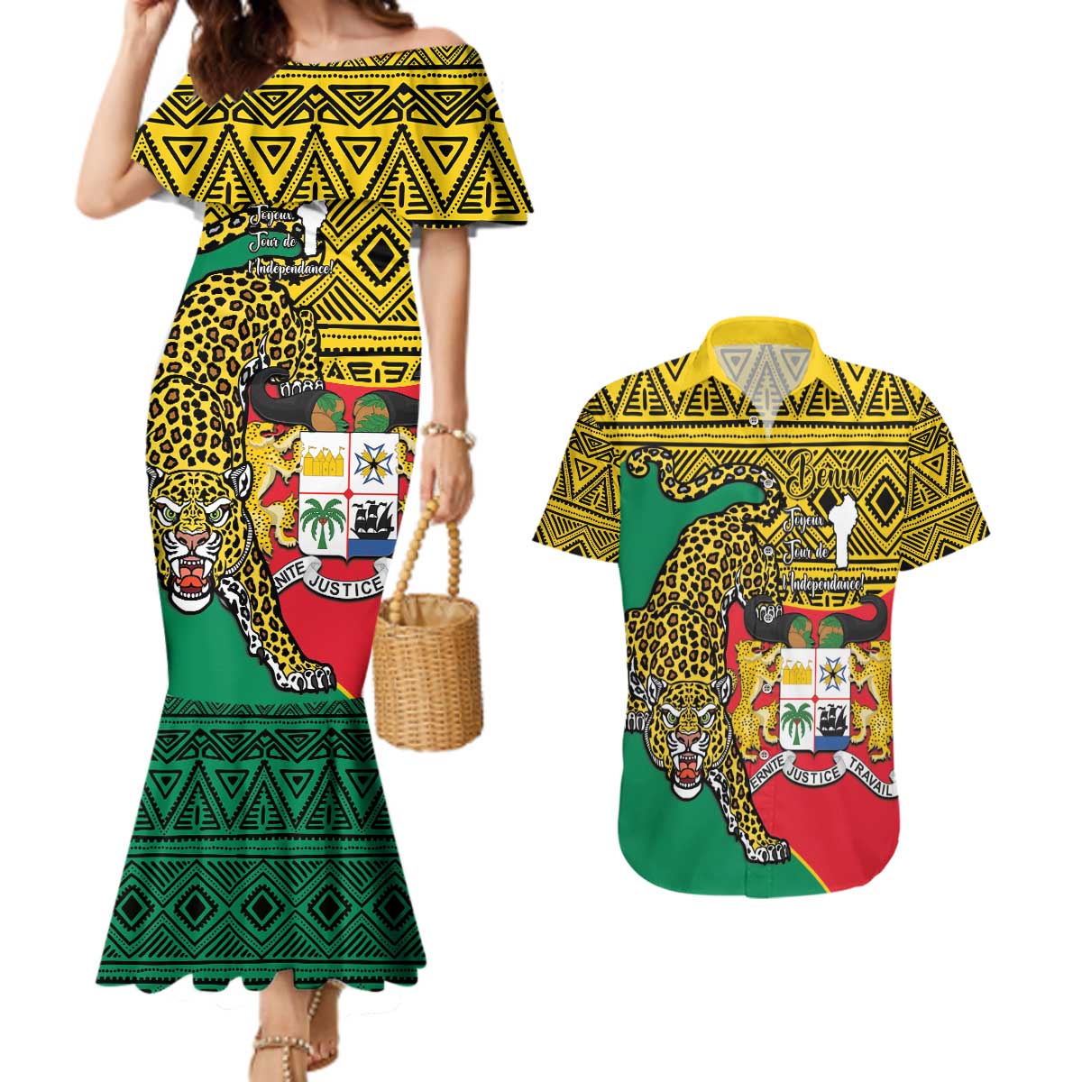 Personalised Benin National Day Couples Matching Mermaid Dress and Hawaiian Shirt Coat Of Arms With Leopard African Pattern - Wonder Print Shop