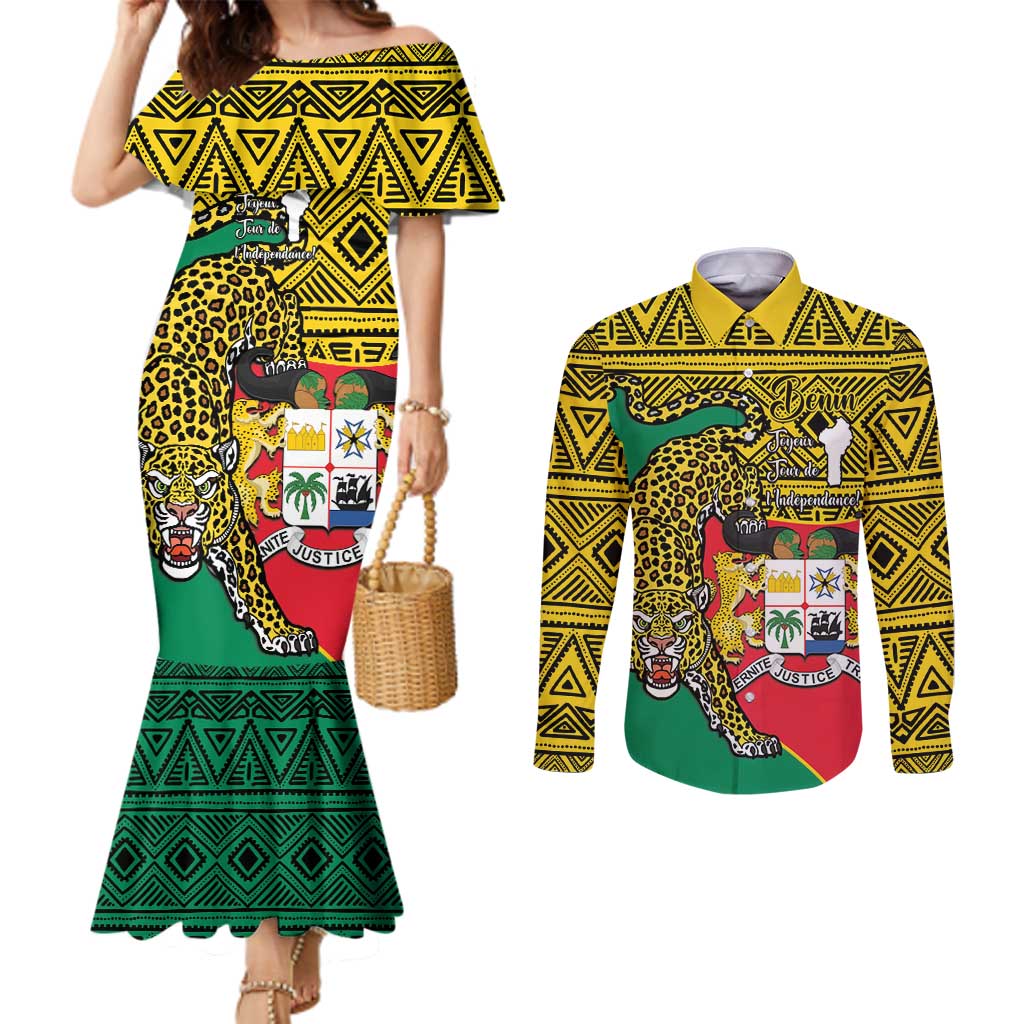 Personalised Benin National Day Couples Matching Mermaid Dress and Long Sleeve Button Shirt Coat Of Arms With Leopard African Pattern