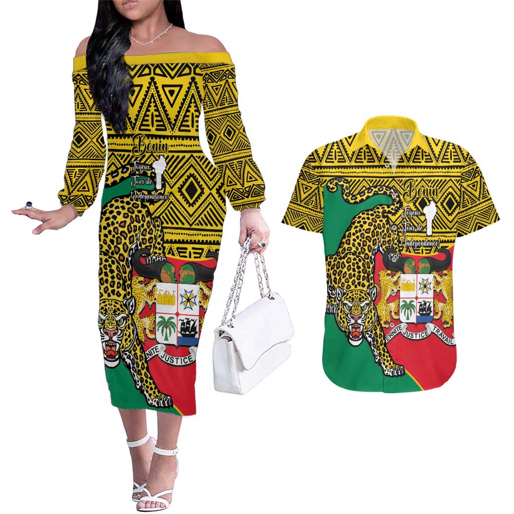 Personalised Benin National Day Couples Matching Off The Shoulder Long Sleeve Dress and Hawaiian Shirt Coat Of Arms With Leopard African Pattern - Wonder Print Shop