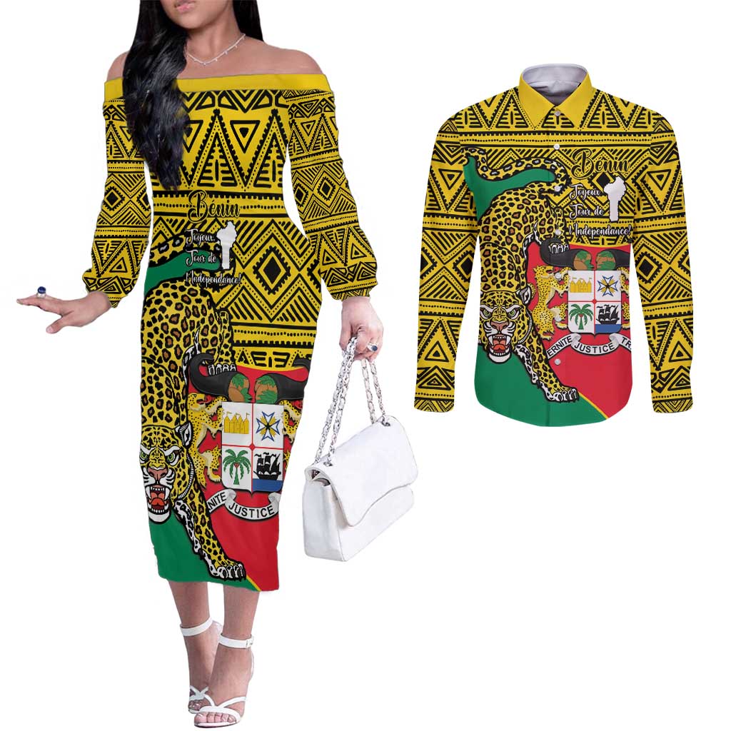 Personalised Benin National Day Couples Matching Off The Shoulder Long Sleeve Dress and Long Sleeve Button Shirt Coat Of Arms With Leopard African Pattern