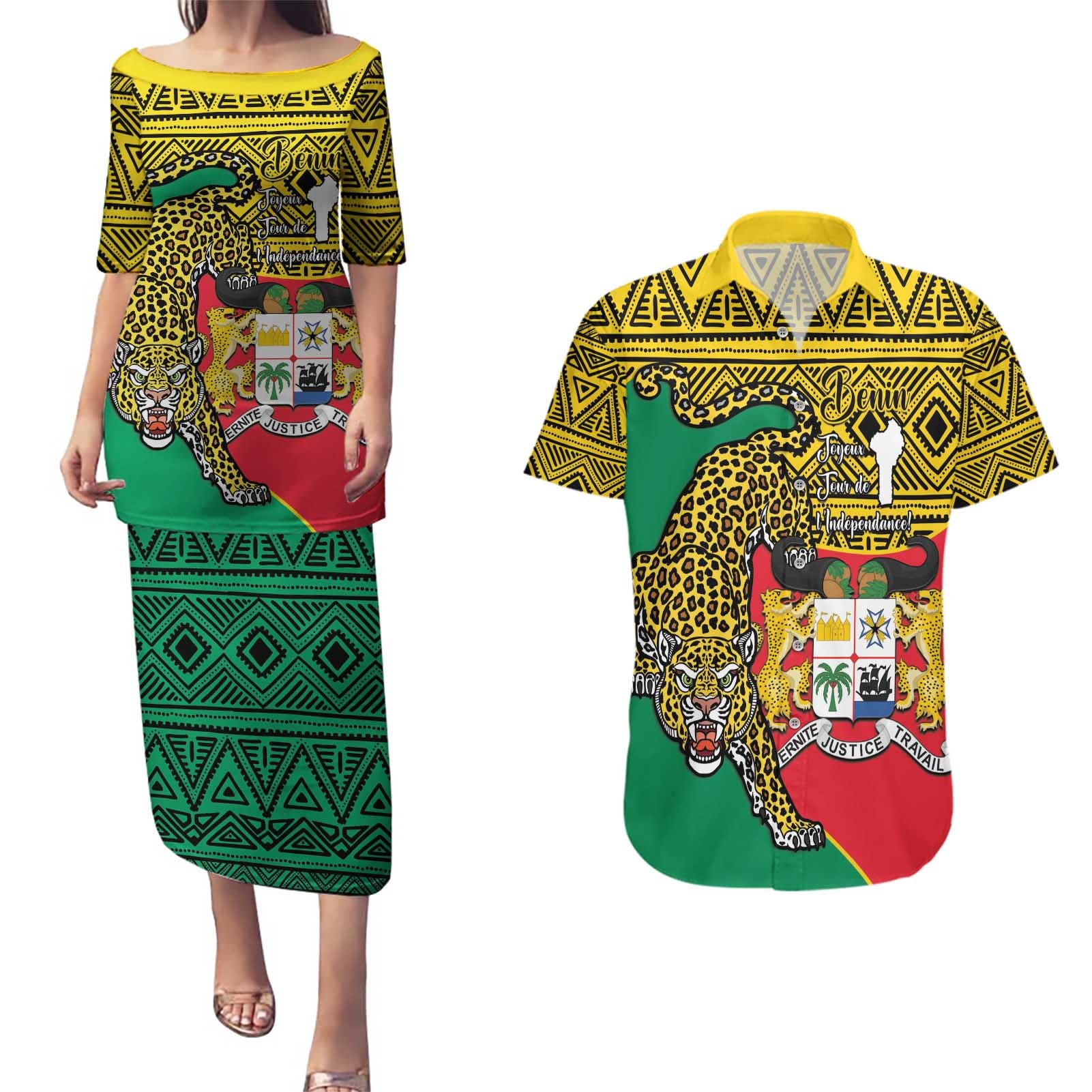 Personalised Benin National Day Couples Matching Puletasi and Hawaiian Shirt Coat Of Arms With Leopard African Pattern - Wonder Print Shop