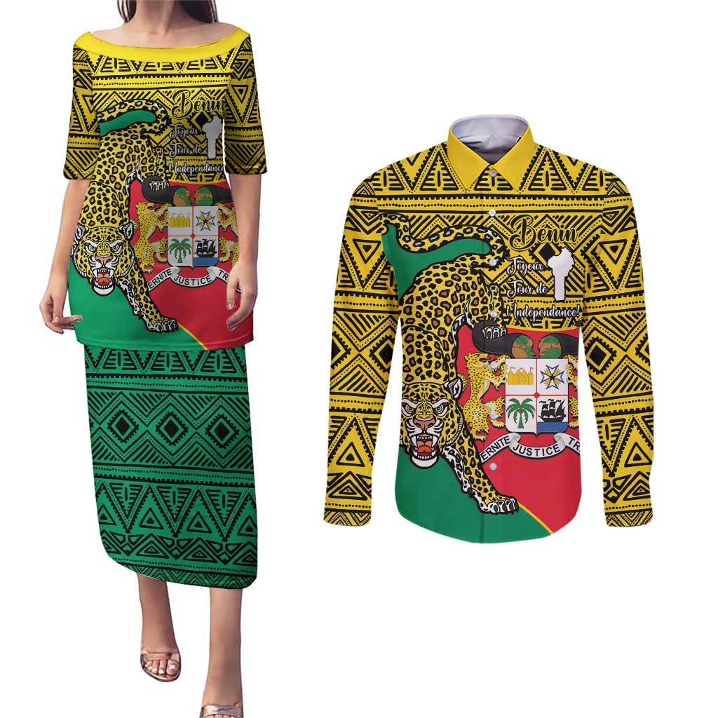 Personalised Benin National Day Couples Matching Puletasi and Long Sleeve Button Shirt Coat Of Arms With Leopard African Pattern - Wonder Print Shop