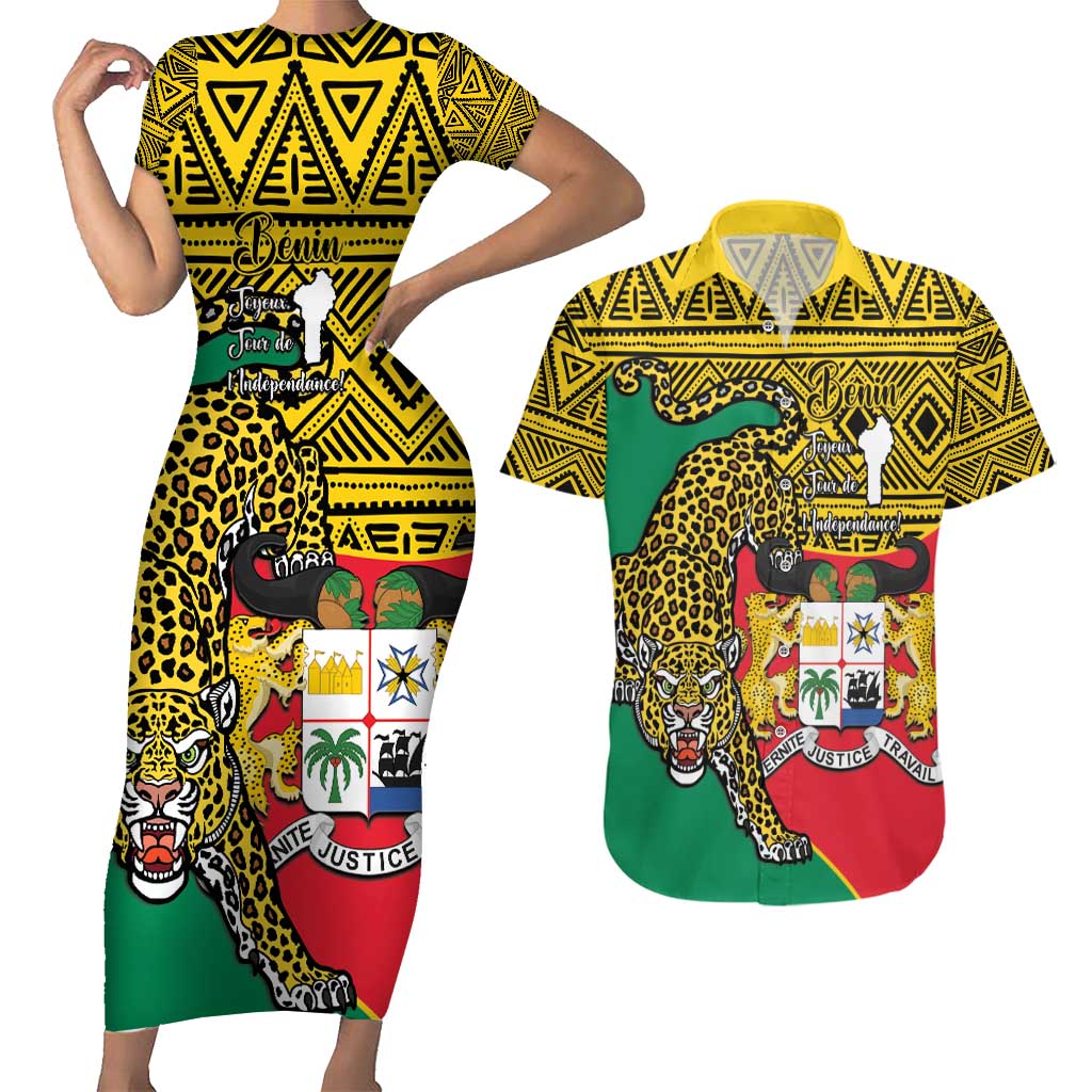 Personalised Benin National Day Couples Matching Short Sleeve Bodycon Dress and Hawaiian Shirt Coat Of Arms With Leopard African Pattern - Wonder Print Shop