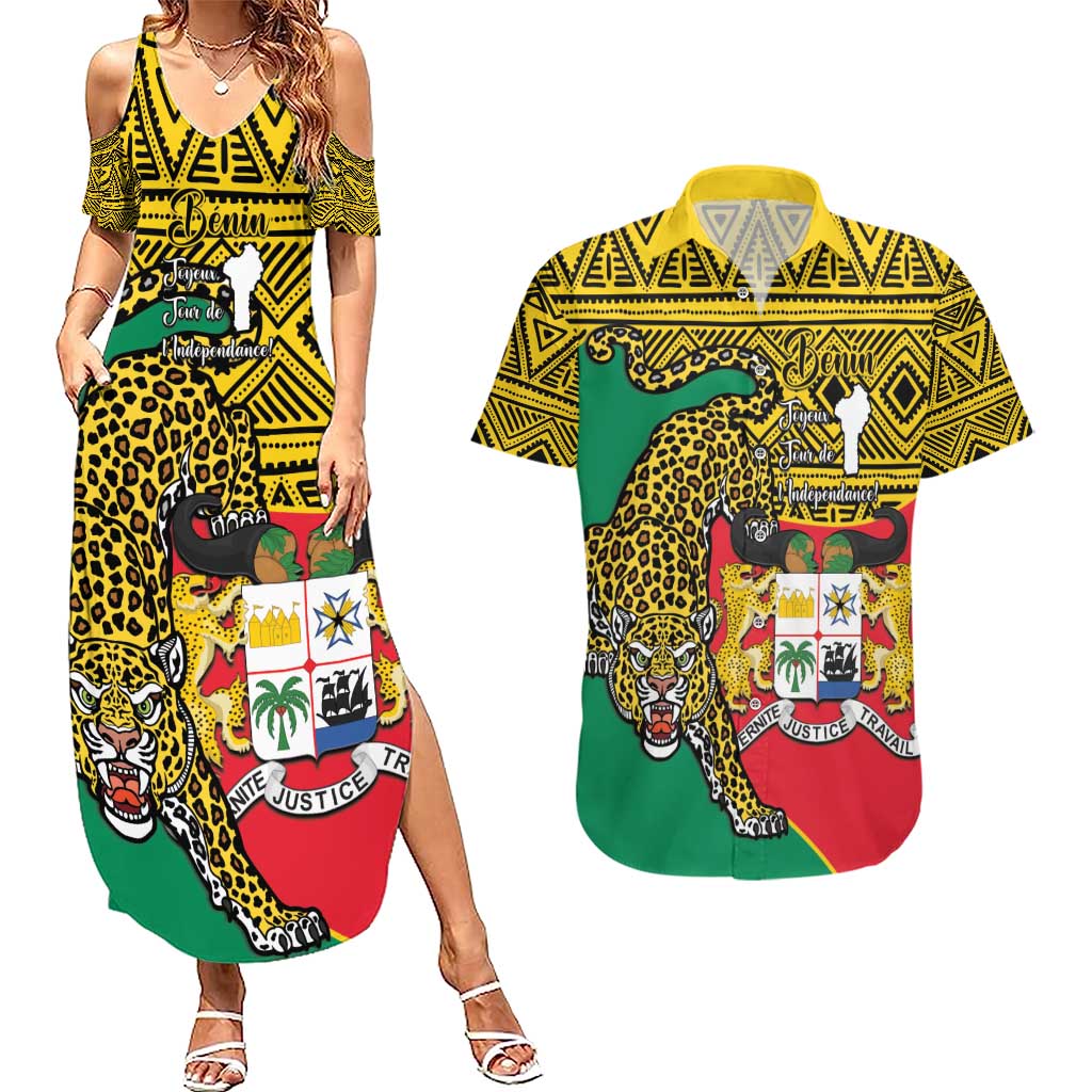 Personalised Benin National Day Couples Matching Summer Maxi Dress and Hawaiian Shirt Coat Of Arms With Leopard African Pattern - Wonder Print Shop