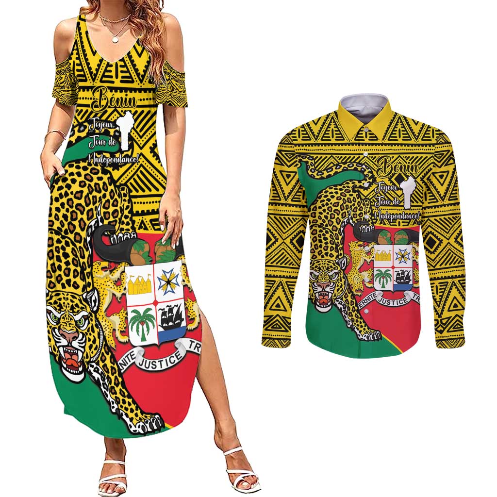 Personalised Benin National Day Couples Matching Summer Maxi Dress and Long Sleeve Button Shirt Coat Of Arms With Leopard African Pattern - Wonder Print Shop