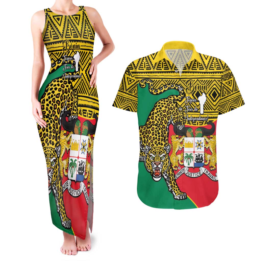 Personalised Benin National Day Couples Matching Tank Maxi Dress and Hawaiian Shirt Coat Of Arms With Leopard African Pattern - Wonder Print Shop