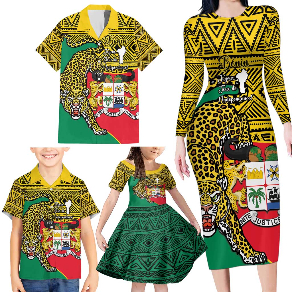 Personalised Benin National Day Family Matching Long Sleeve Bodycon Dress and Hawaiian Shirt Coat Of Arms With Leopard African Pattern - Wonder Print Shop