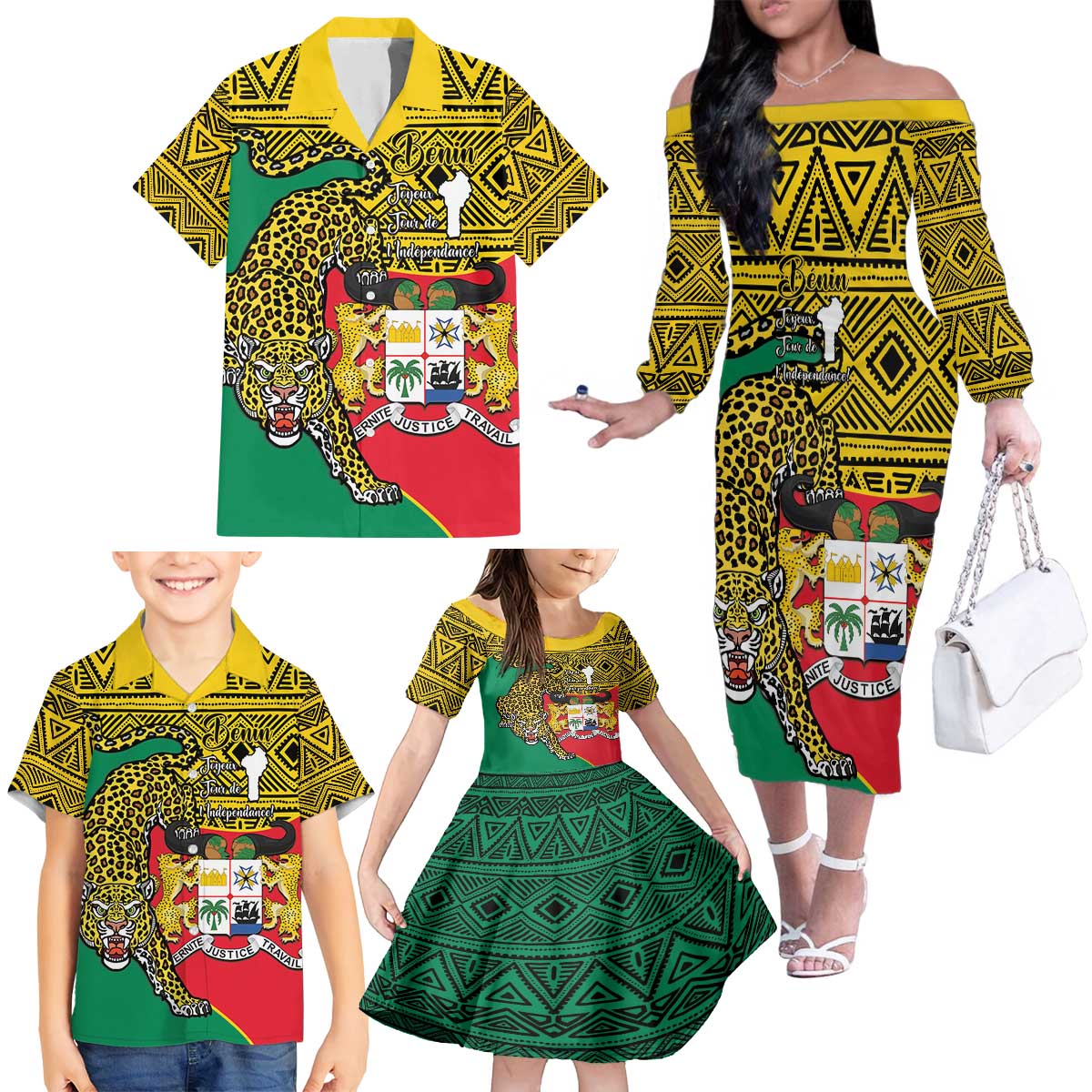 Personalised Benin National Day Family Matching Off The Shoulder Long Sleeve Dress and Hawaiian Shirt Coat Of Arms With Leopard African Pattern - Wonder Print Shop