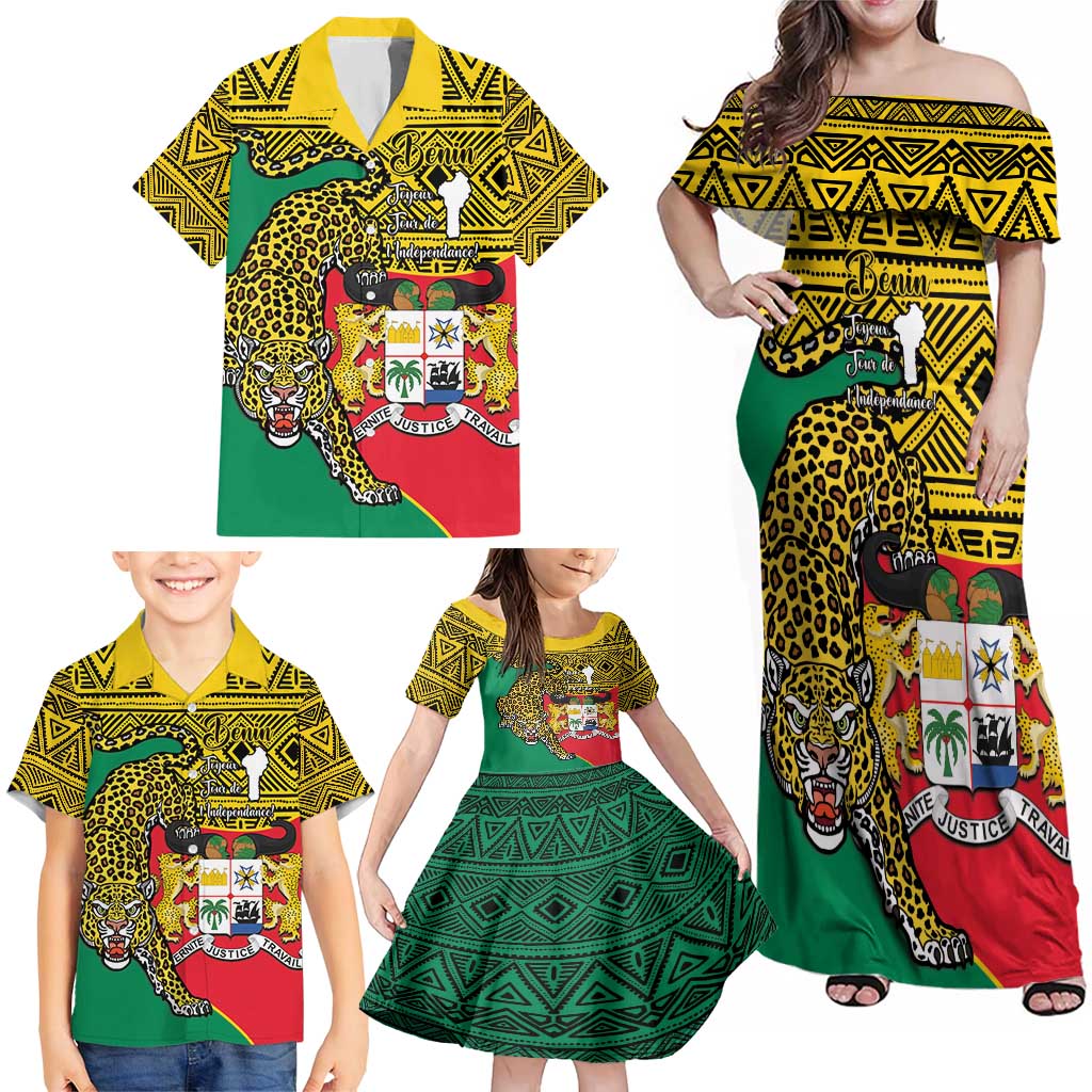 Personalised Benin National Day Family Matching Off Shoulder Maxi Dress and Hawaiian Shirt Coat Of Arms With Leopard African Pattern - Wonder Print Shop