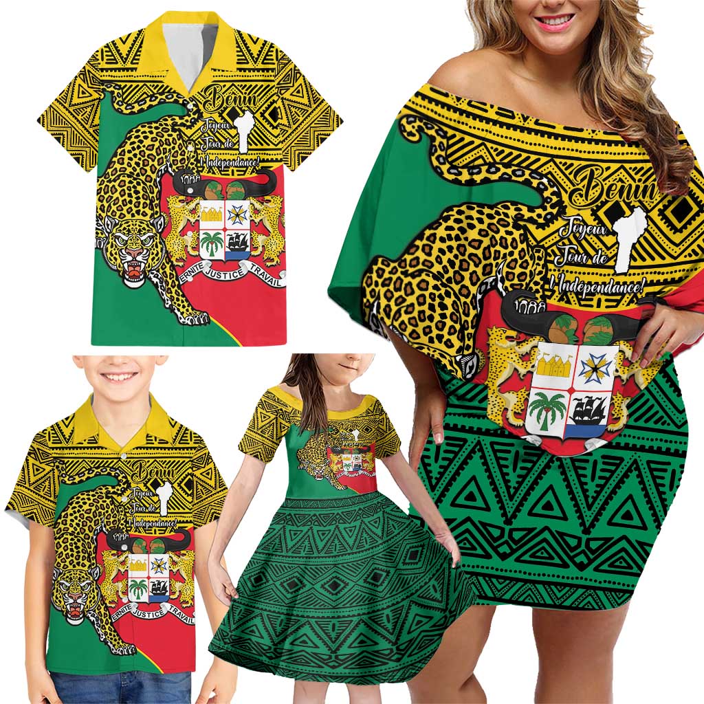 Personalised Benin National Day Family Matching Off Shoulder Short Dress and Hawaiian Shirt Coat Of Arms With Leopard African Pattern - Wonder Print Shop