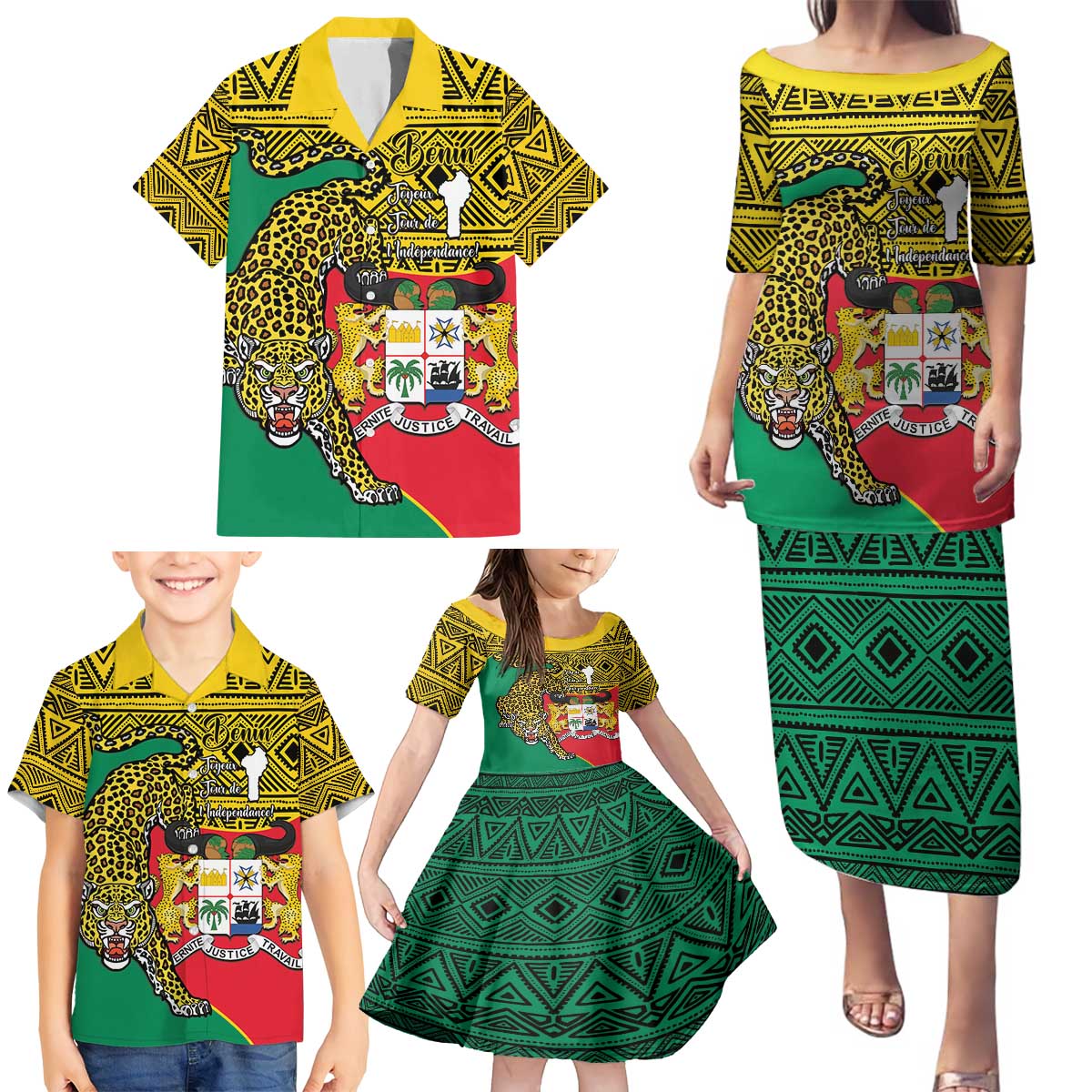 Personalised Benin National Day Family Matching Puletasi and Hawaiian Shirt Coat Of Arms With Leopard African Pattern - Wonder Print Shop