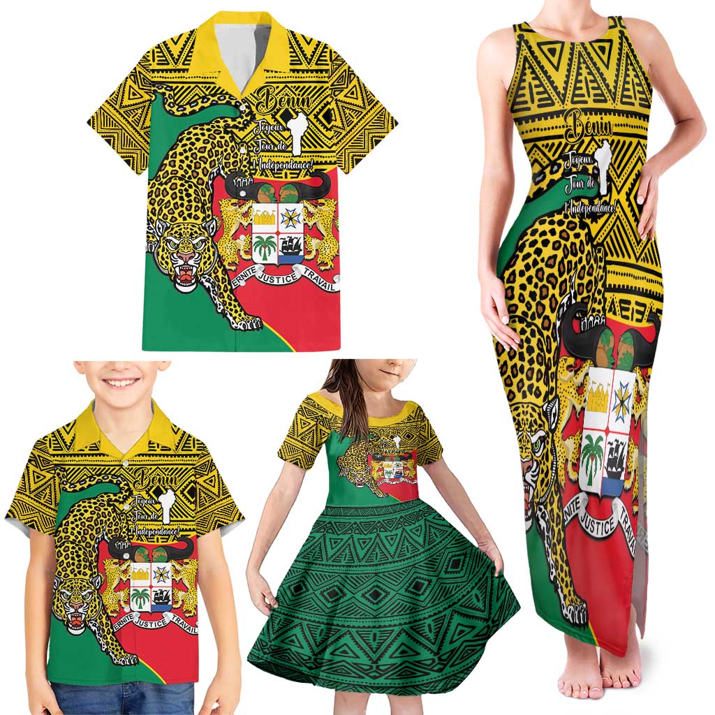 Personalised Benin National Day Family Matching Tank Maxi Dress and Hawaiian Shirt Coat Of Arms With Leopard African Pattern - Wonder Print Shop