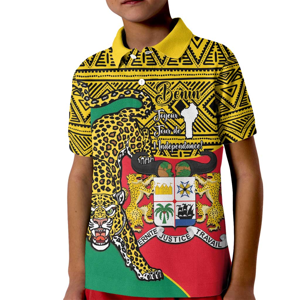 Personalised Benin National Day Kid Polo Shirt Coat Of Arms With Leopard African Pattern - Wonder Print Shop