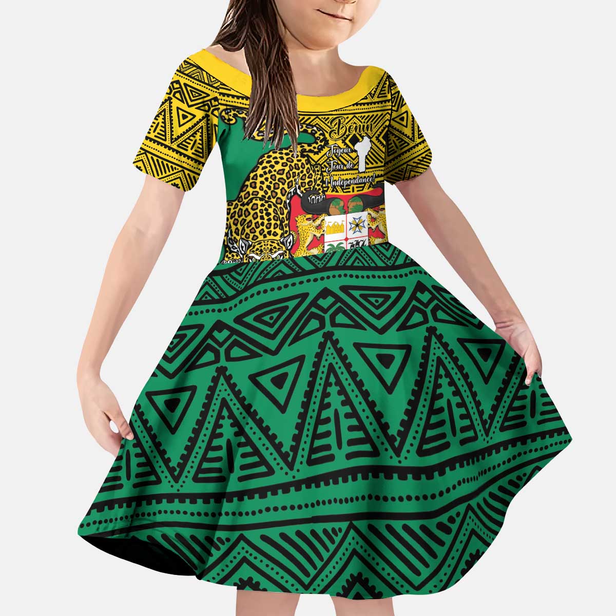 Personalised Benin National Day Kid Short Sleeve Dress Coat Of Arms With Leopard African Pattern - Wonder Print Shop