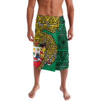 Benin lavalava coat, yellow and green geometric print with leopard face graphic